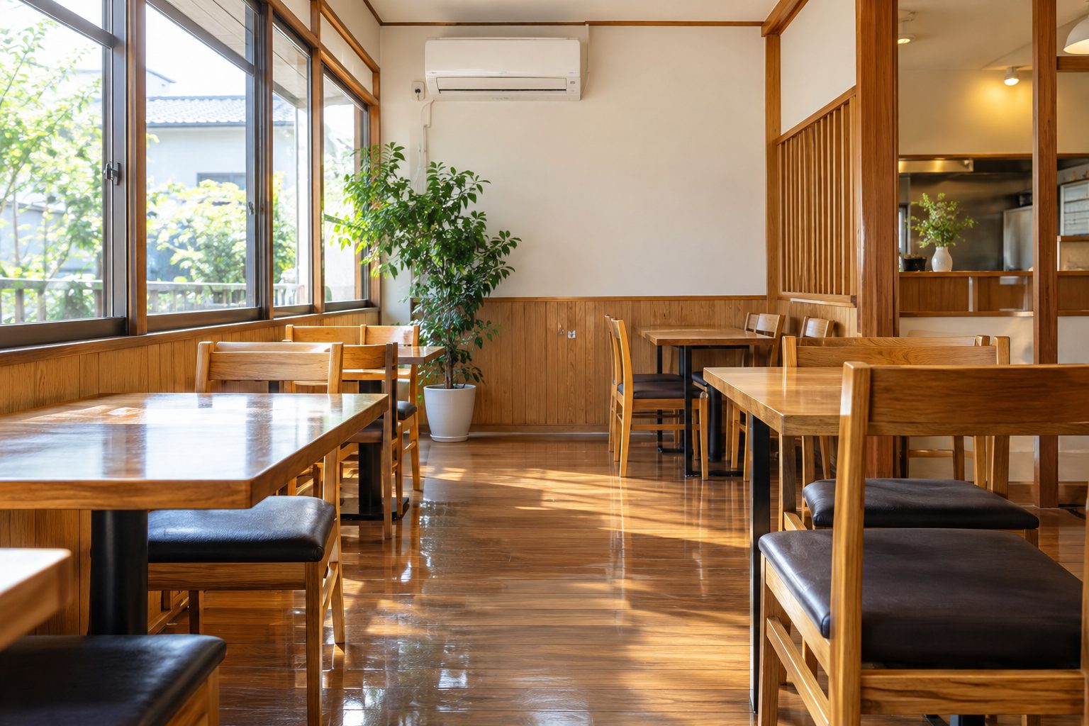 清掃を終えた、日差しの入る飲食店の客席と磨かれた床